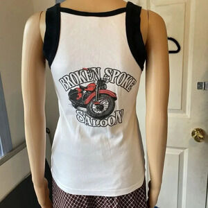 Y2K Broken Spoke Saloon Black White Sleeveless Tank Top Motorcycle Goth Womens L